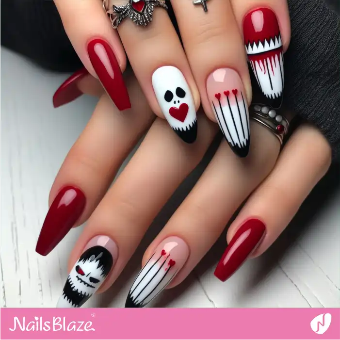 Red and White Horror Valentine Nails | Valentine Nails - NB2170